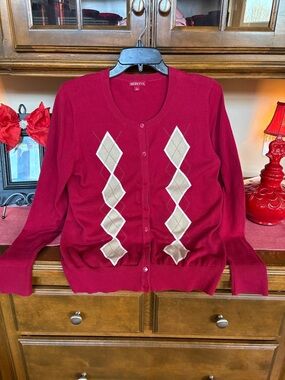 Merona Women's Deep Red Argyle Button Cardigan Sz L 100% cotton